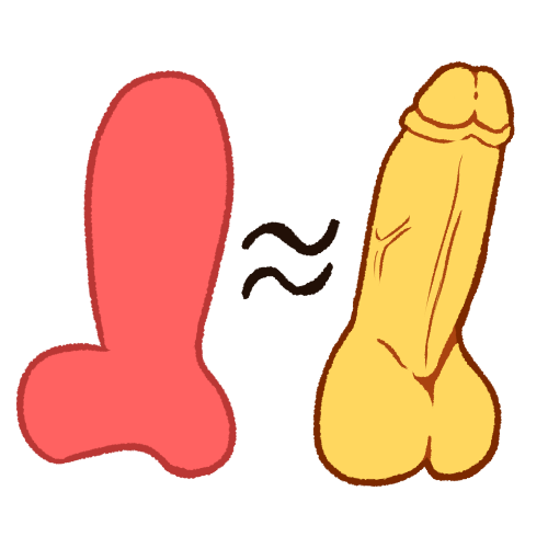  A drawing of a pink, vaguely penis-shaped blob on the left, and an emoji yellow erect penis on the left. There is a small black wavy equal sign between them.